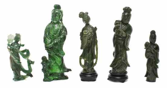 Appraisal: Five Chinese Carved Hardstone Figures three depicted standing holding flowers