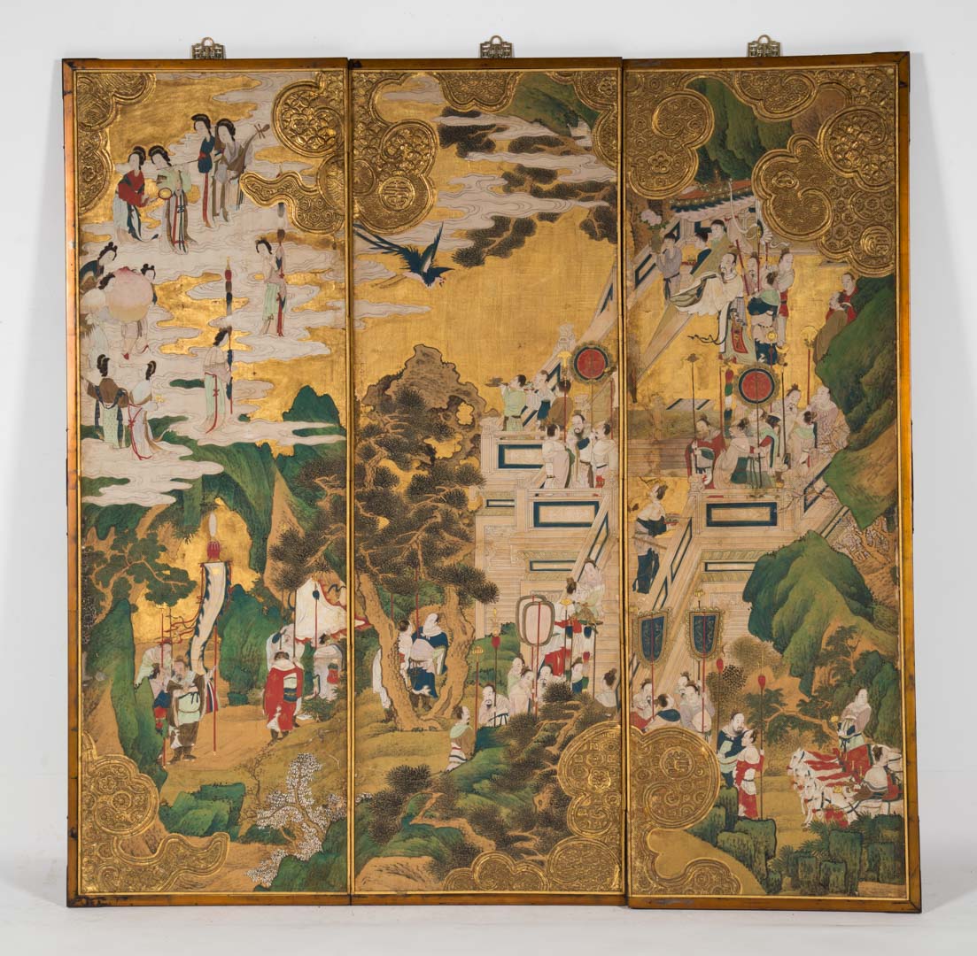 Appraisal: Japanese three-panel screen th century or earlier figures in garden