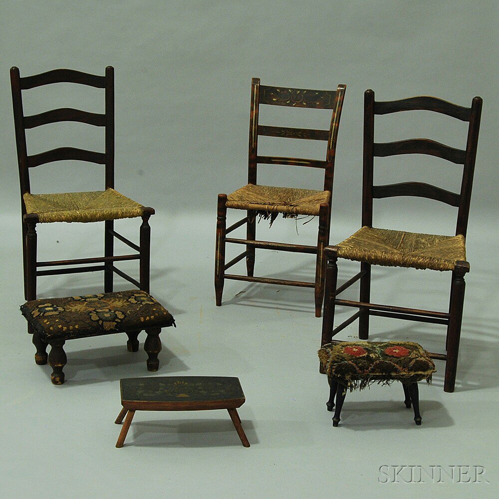 Appraisal: Three Chairs and Three Footstools a pair of red- and