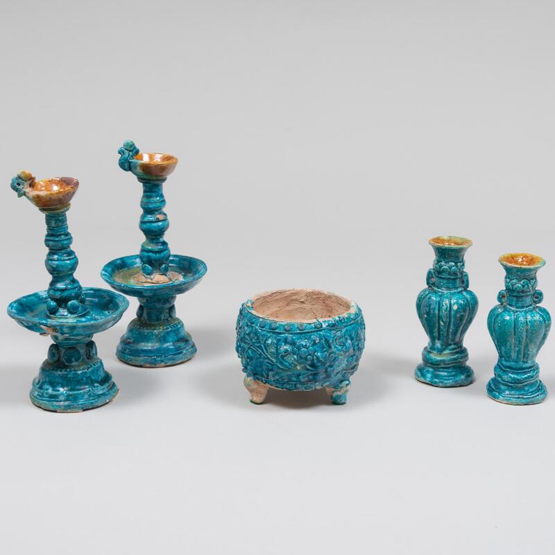 Appraisal: Chinese Five Piece Turquoise Tomb Pottery Group Unmarked Comprising A