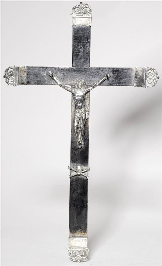 Appraisal: CRUCIFIX Baroque Italy th century Ebonized wood and silver Cast