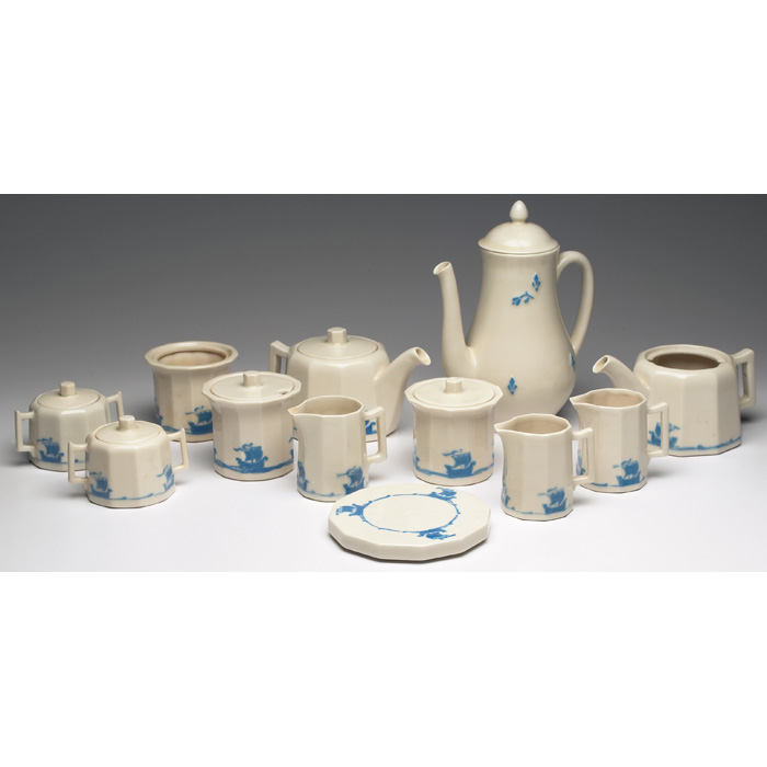 Appraisal: Rookwood Blue Ship Dinnerware two teapots M- w x h