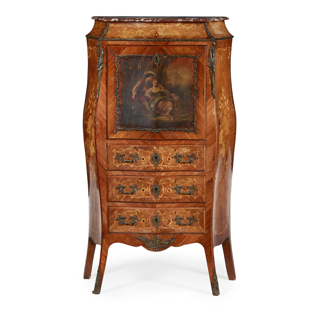 Appraisal: FRENCH KINGWOOD MARQUETRY AND VERNIS MARTIN SECRETAIRE A ABBATANT LATE