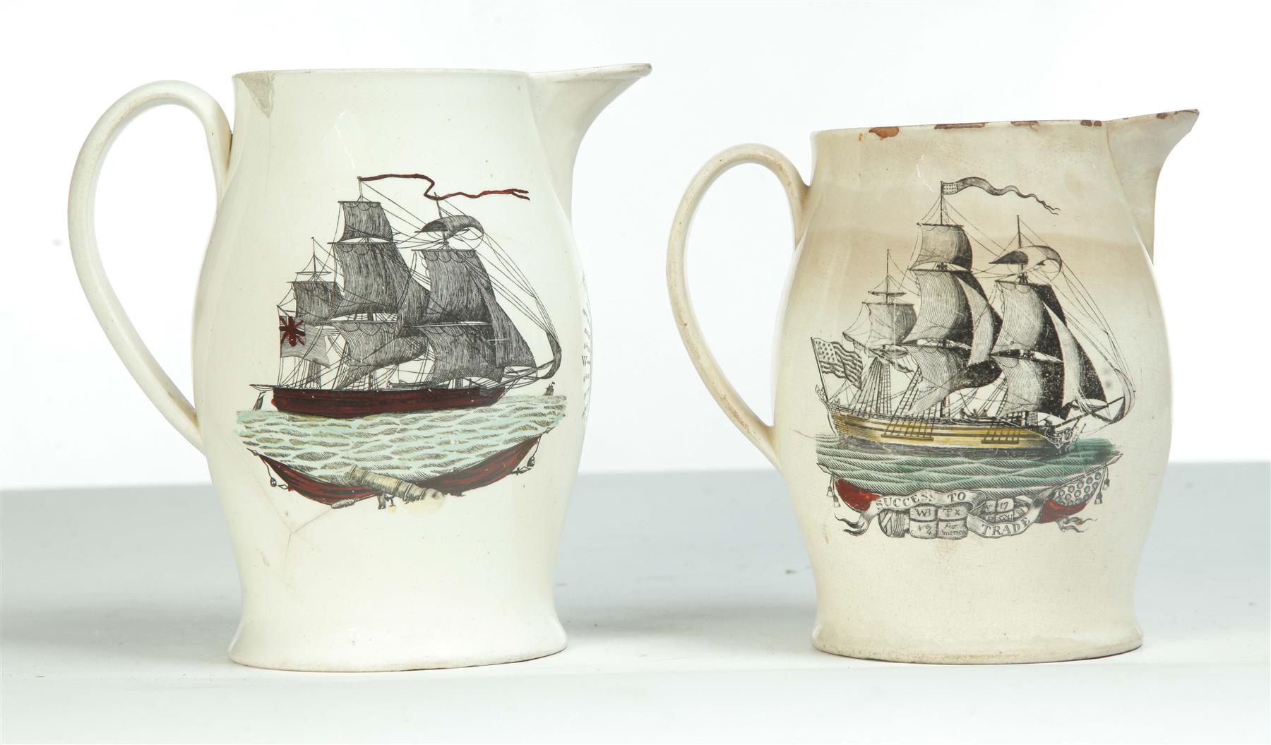 Appraisal: TWO LIVERPOOL JUGS WITH SAILING SHIPS England ca Creamware with