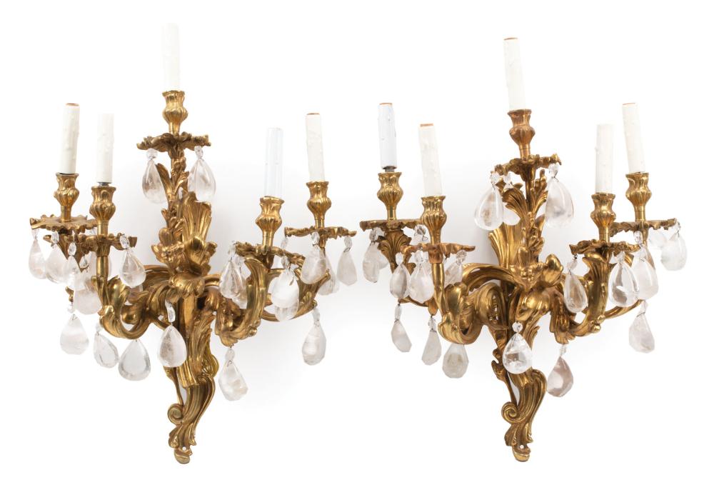 Appraisal: Pair of Louis XV-Style Bronze and Rock Crystal Five-Light Sconces