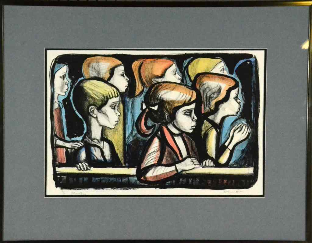 Appraisal: Irving Amen Colored Lithograph Titled ''Theatre''Depicting profiles of seven children