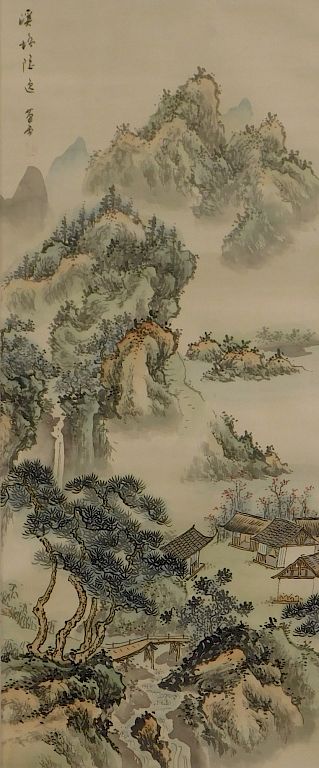 Appraisal: Japanese Mountain Village Hanging Wall Scroll Japan Lush trees and