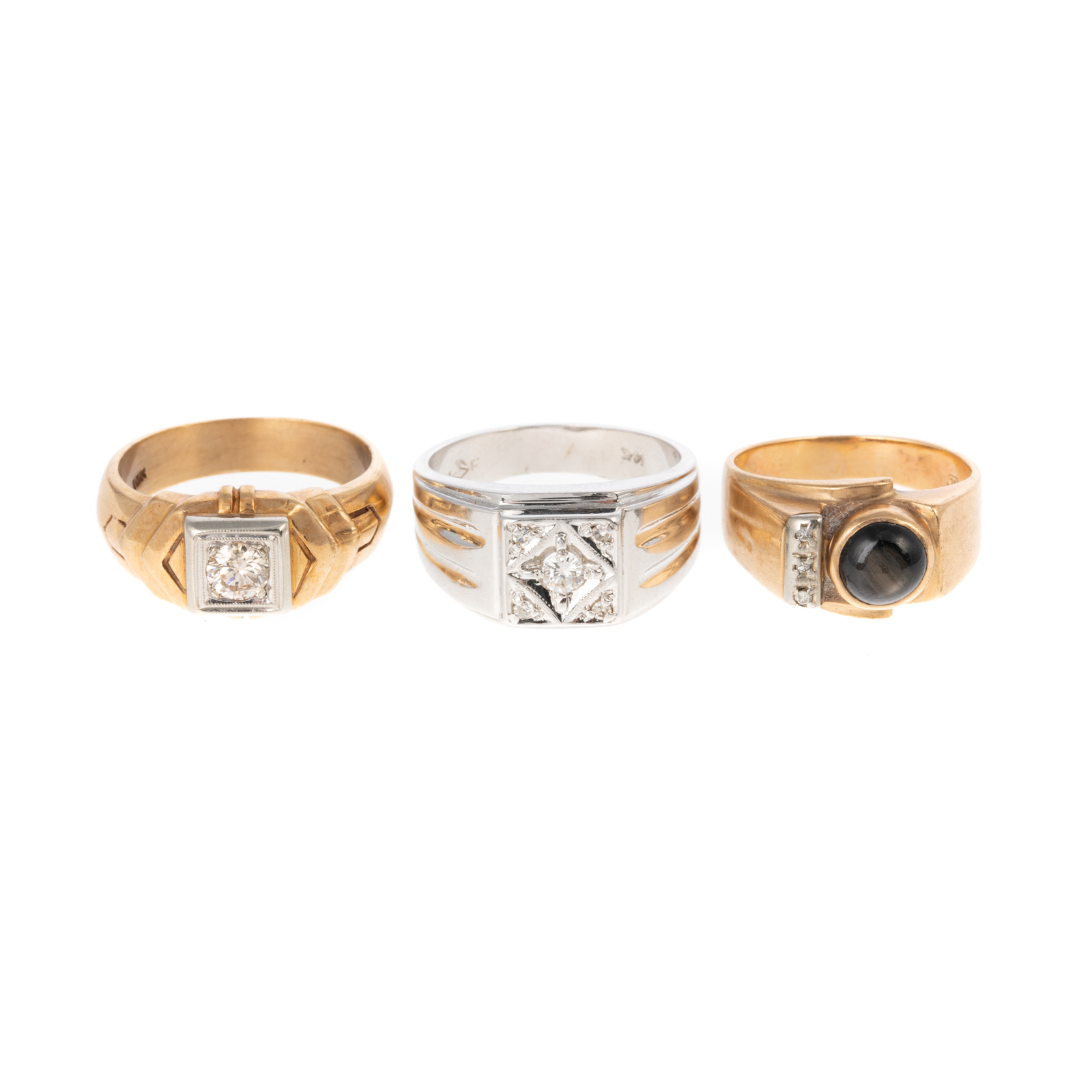 Appraisal: A TRIO OF GENT'S DIAMOND GEMSTONE RINGS K white gold