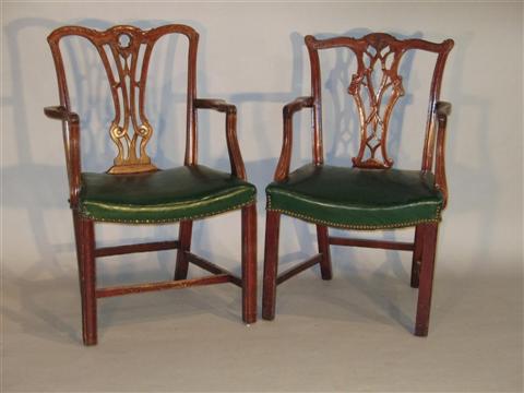 Appraisal: TWO CHIPPENDALE STYLE MAHOGANY ARMCHAIRS Each with carved pierced back