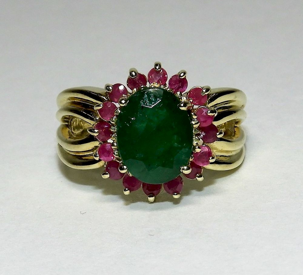 Appraisal: FINE Fancy K Yellow Gold Emerald Ruby Ring Contemporary Oval