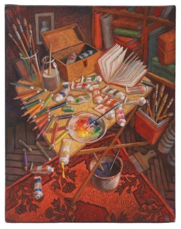 Appraisal: Small oil on canvas painting Art Supplies Still Life signed