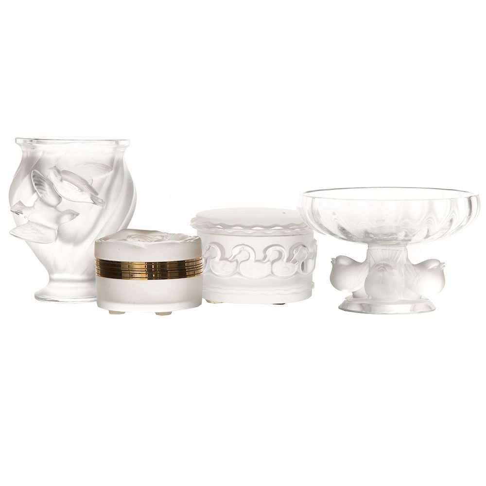 Appraisal: Four Lalique partially frosted crystal articles including Rosine vase in