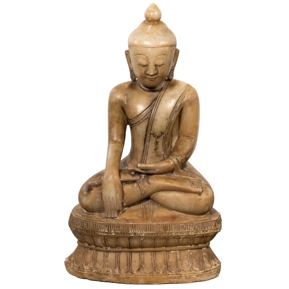 Appraisal: CHINESE CARVED HARDSTONE SEATED BUDDHA STATUEShakyamuni the historical Buddha having