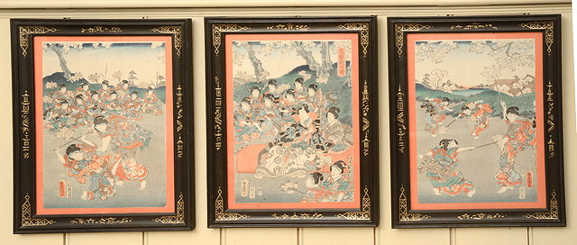 Appraisal: A TH CENTURY JAPANESE WOOD BLOCK TRIPTYCH PRINT depicting figures