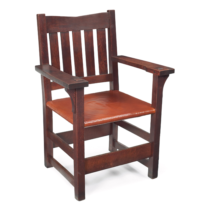 Appraisal: Gustav Stickley armchair early ''V'' back form with five vertical