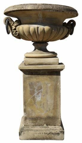 Appraisal: Cast stone garden urn mid th c flared rim over