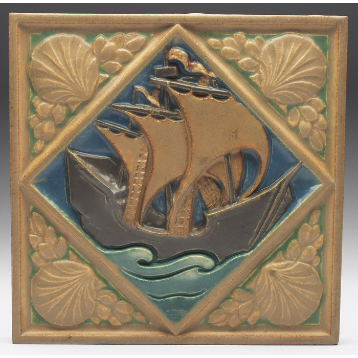 Appraisal: Unusual Rookwood Faience tile large form nicely executed ship and