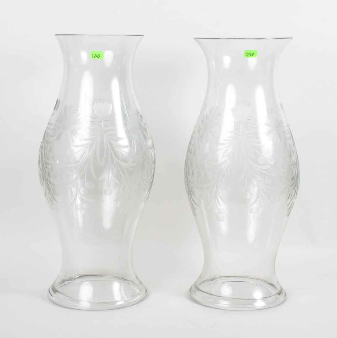 Appraisal: Pair of Victorian etched glass hurricanes early th century with