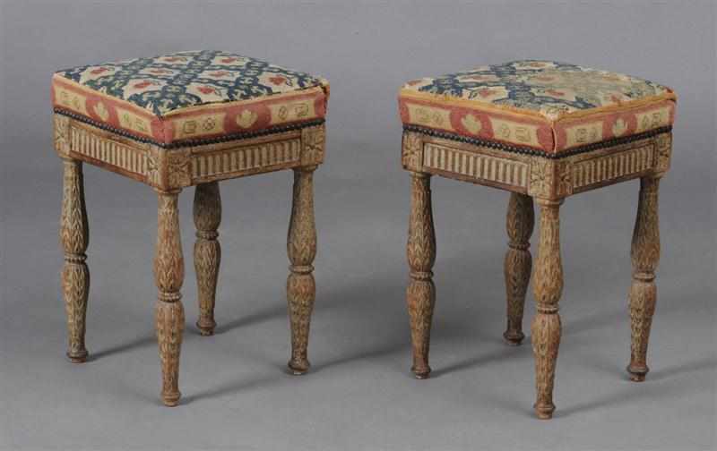 Appraisal: PAIR OF DIRECTOIRE PAINTED TABOURETS Each with a needlework upholstered