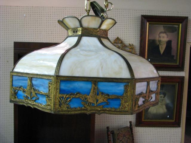 Appraisal: Vintage slag glass light fixture sailing ship motif frame with