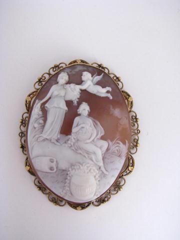 Appraisal: Unique Large Oval Scenic Carved Shell Cameo In ornate filigree