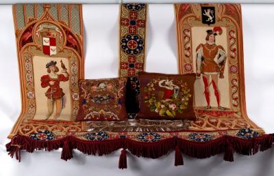 Appraisal: Two needlework cushions a needlework pelmet a pair of Medieval