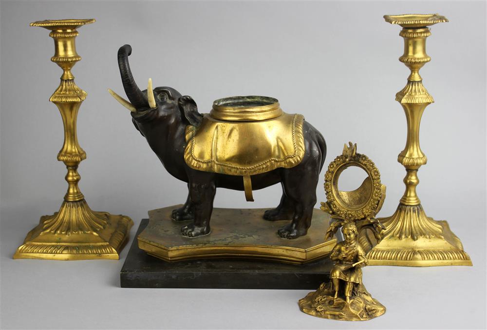 Appraisal: PAIR OF GILT BRONZE CANDLESTICKS AN ELEPHANT FORM CLOCK BASE