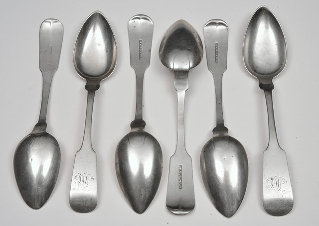 Appraisal: FIVE AMERICAN COIN SILVER TEASPOONS fiddle pattern c by M