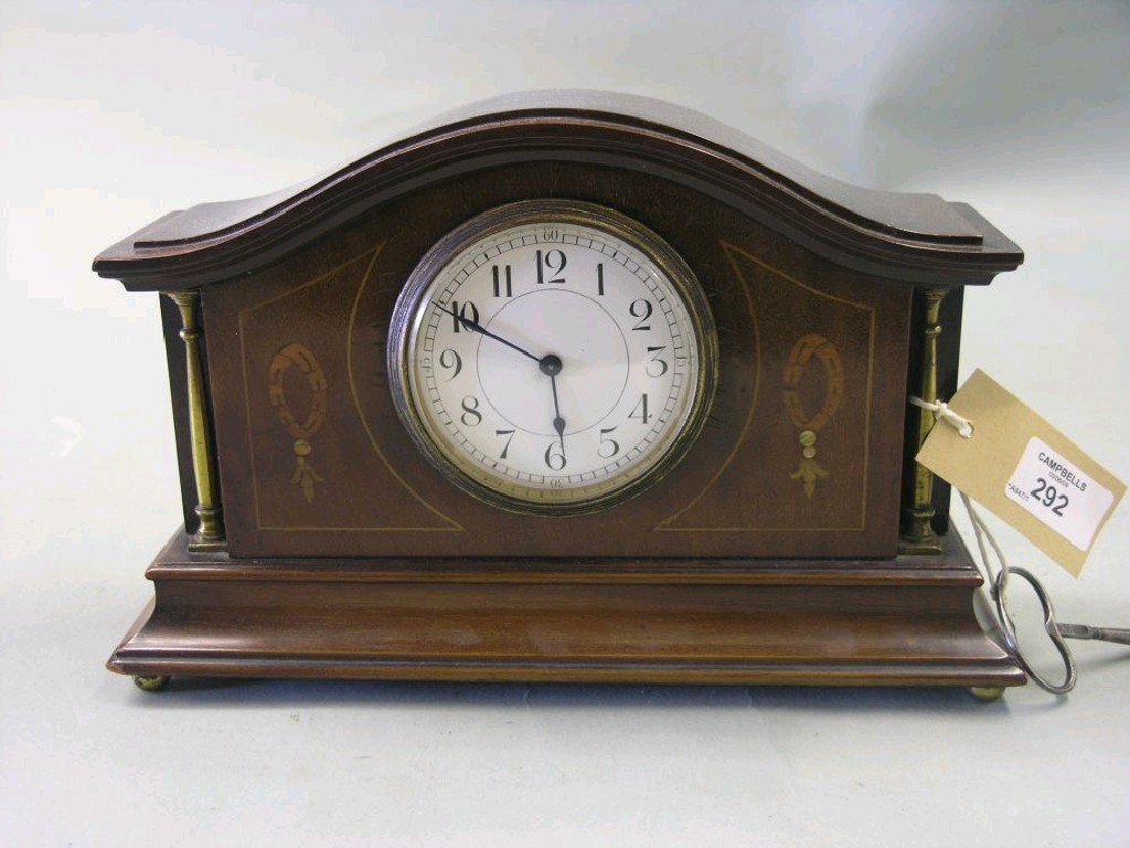 Appraisal: An Edwardian inlaid mahogany mantel clock with enamelled dial French