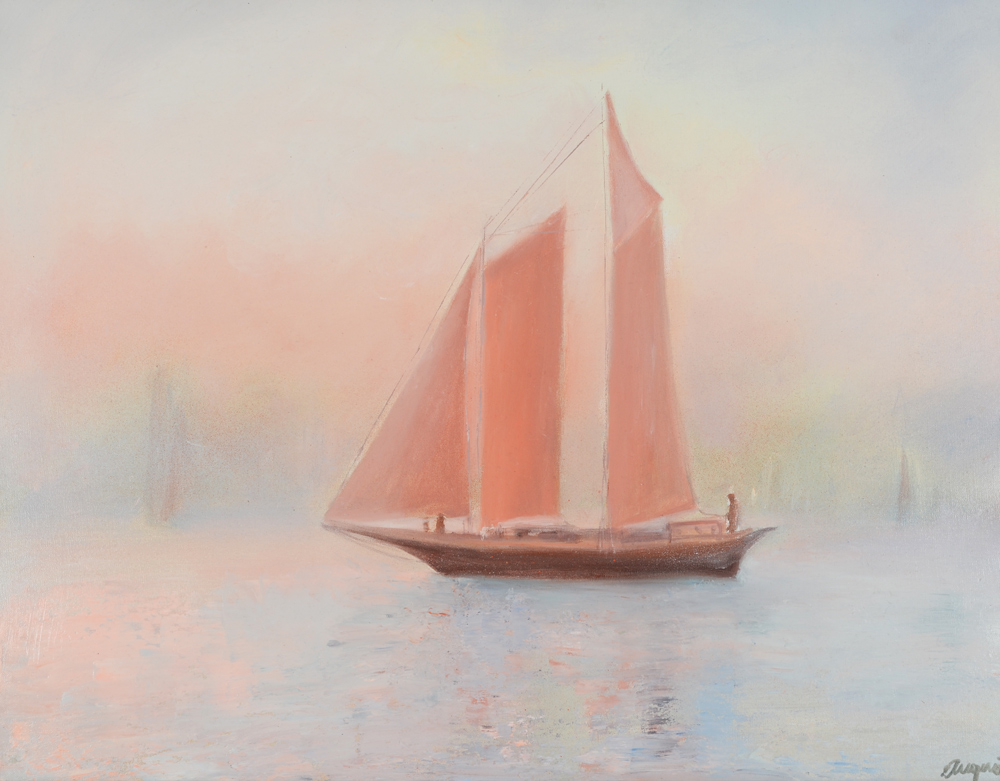 Appraisal: SCHOONER ON THE BAY PAINTING SIGNED DUQUET Oil Canvas ''