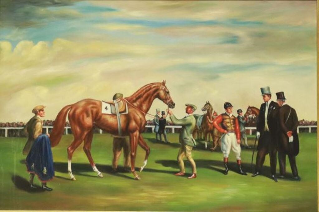 Appraisal: Decorative framed oil on canvas painting Aureole in the Paddock