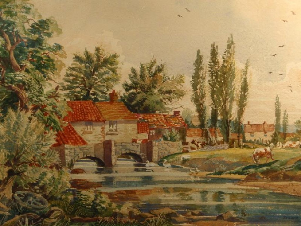 Appraisal: Joseph Stocks Riverscape with buildings and grazing cattle watercolour heightened