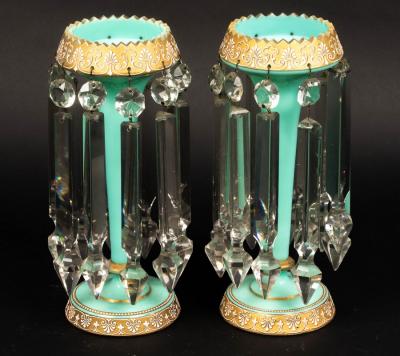 Appraisal: A pair of turquoise and gilt glass table lustres hung