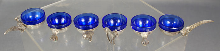 Appraisal: silver open salts with animal handles cobalt inserts TO Italian