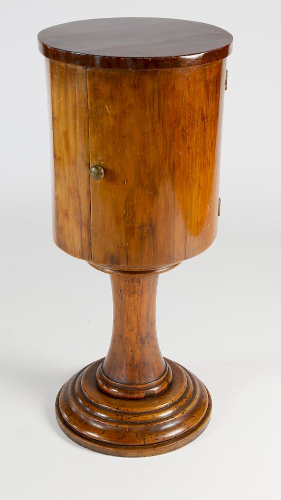 Appraisal: th Century English Burl-Walnut Pedestal Round Cupboard Side Table Exclusive