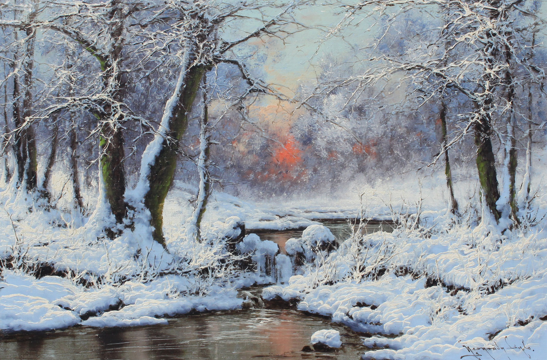 Appraisal: NEOGRADY Laszlo Hungary - Peaceful Snow-covered Landscape with Stream at