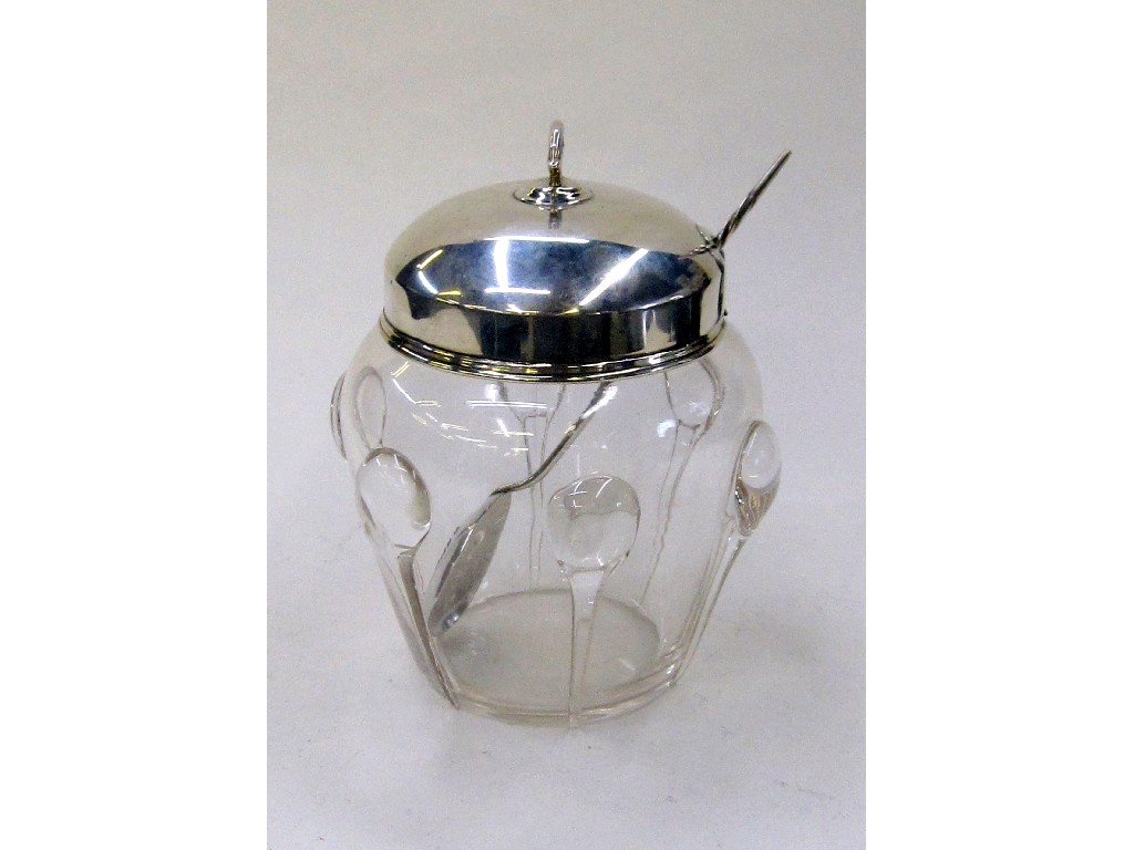 Appraisal: Arts and Crafts silver topped jampot with moulded glass teardrop