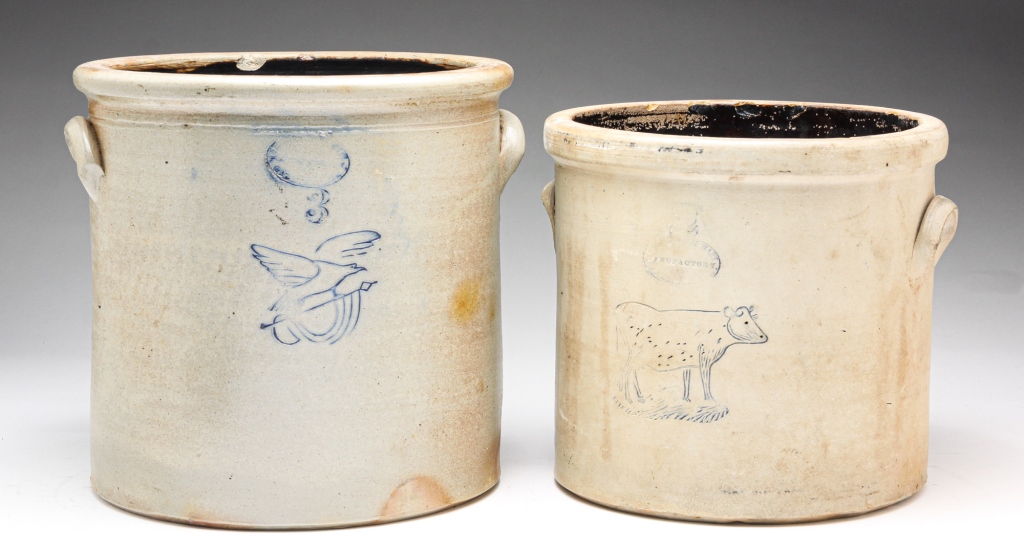 Appraisal: TWO NEW YORK STONEWARE CROCKS Late th century Double handles