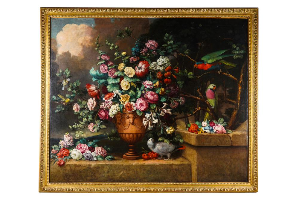 Appraisal: CONTINENTAL SCHOOL FLORAL STILL LIFE WITH PARROTSoil on canvas unsigned