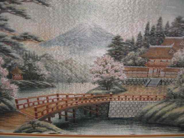 Appraisal: Japanese Embroidered Silk village scene Mt Fuji in distance ''