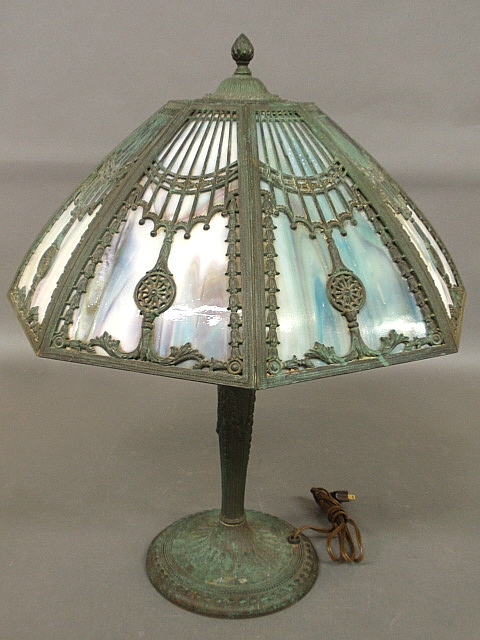 Appraisal: - Faux verdigris bronze table lamp with slag glass shade