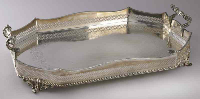 Appraisal: Impressive English silver plate butler's traywith a pierced gallery and