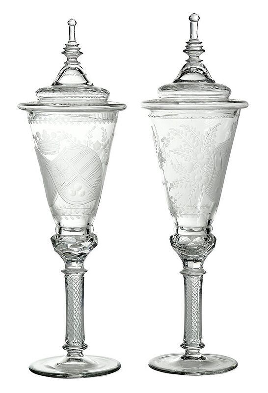 Appraisal: Pair of Engraved Glass Pokals with Coat of Arms Continental