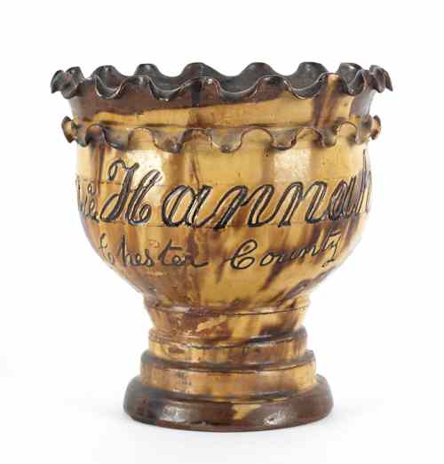 Appraisal: Pennsylvania redware flower pot inscribed Hannah Thomas Avondale Chester County