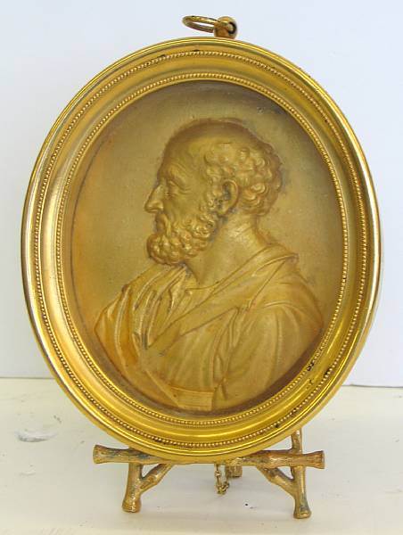 Appraisal: A French gilt bronze relief portrait plaque of Homer th