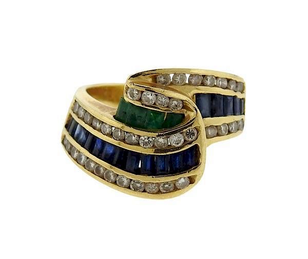 Appraisal: K Gold Diamond Emerald Sapphire Wave Band Ring METAL k