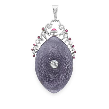 Appraisal: Edwardian Platinum Purple Guilloche Enamel and Diamond Pendant-Watch Estimate -