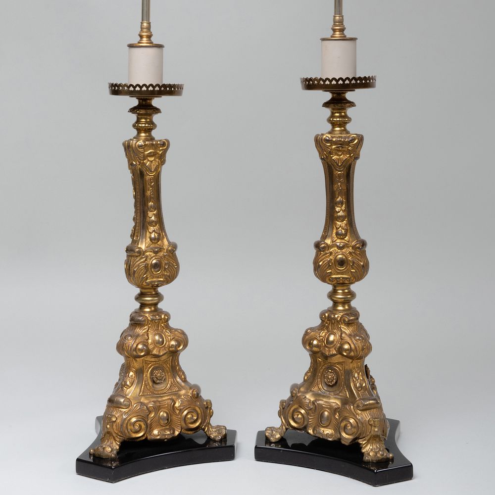 Appraisal: Pair of Baroque Style Gilt-Metal Candlesticks Mounted as Lamps The