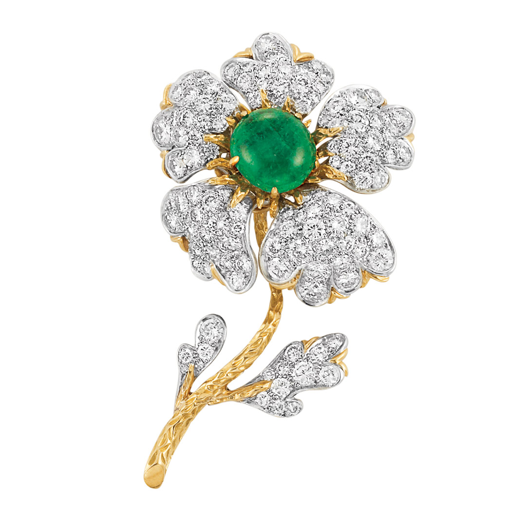 Appraisal: Gold Platinum Diamond and Cabochon Emerald Flower Clip-Brooch Centering one