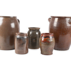 Appraisal: Five Redware Crocks American th Century one with incised to